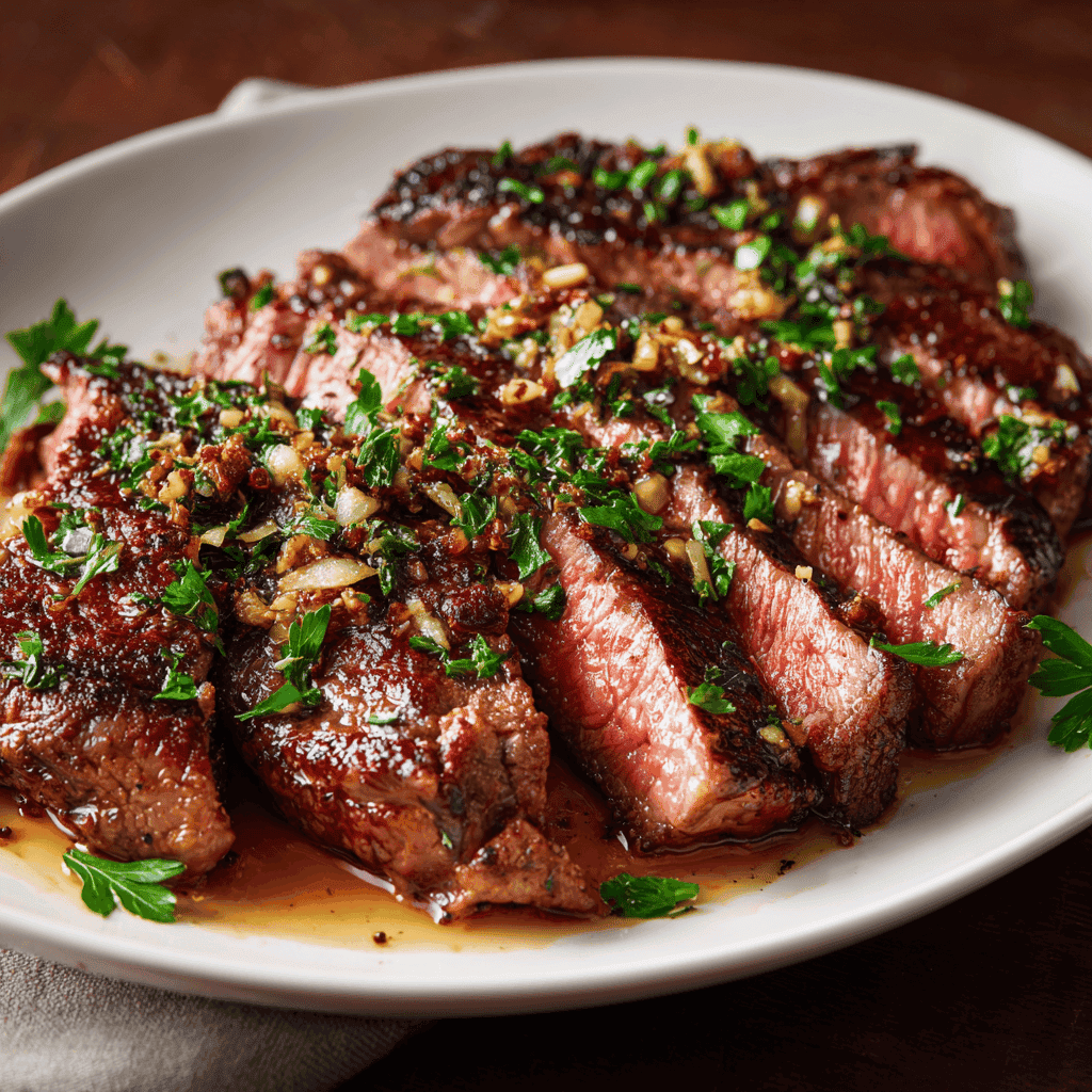 sliced medium-rare sirloin steak topped with herbs and garlic on a serving platter.
