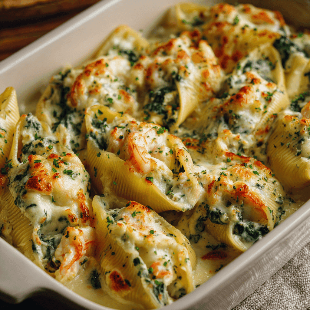 Close-up of seafood stuffed pasta shells in a creamy spinach sauce baked in a casserole dish.
