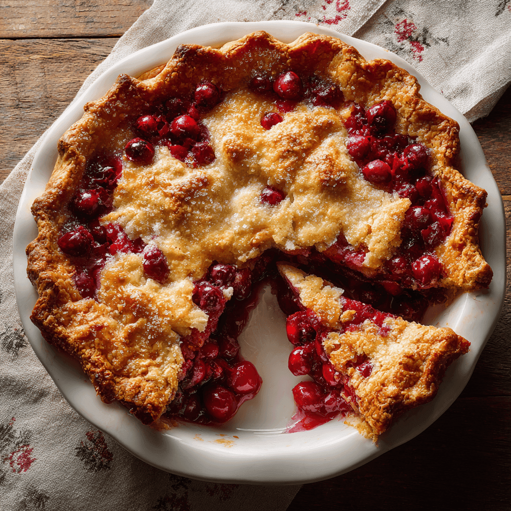 Easy Nantucket Cranberry Pie Recipe (Pie or Cake, It's Delicious!) 3 Overhead view of a Nantucket cranberry pie with a golden crust and juicy cranberries, one slice removed.