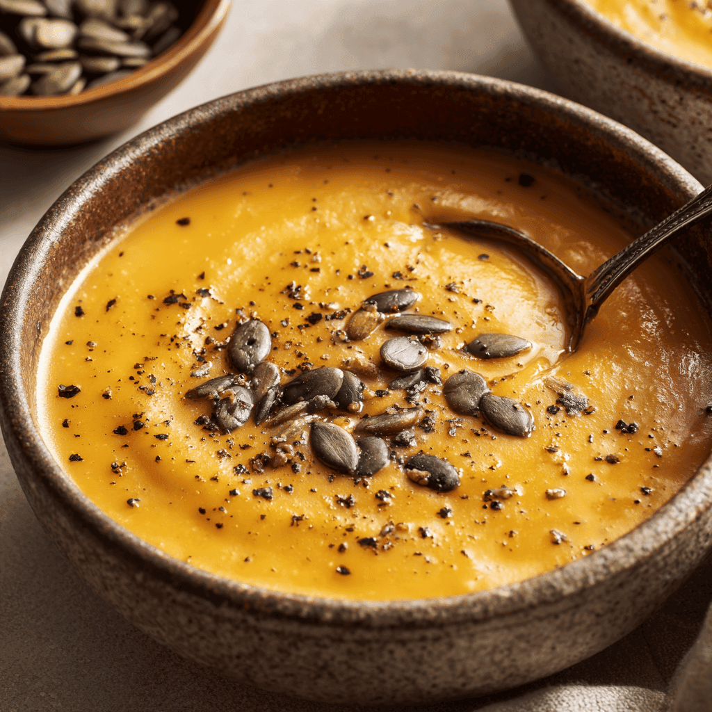 Bowl of creamy Panera-style squash soup topped with pepitas and spices.