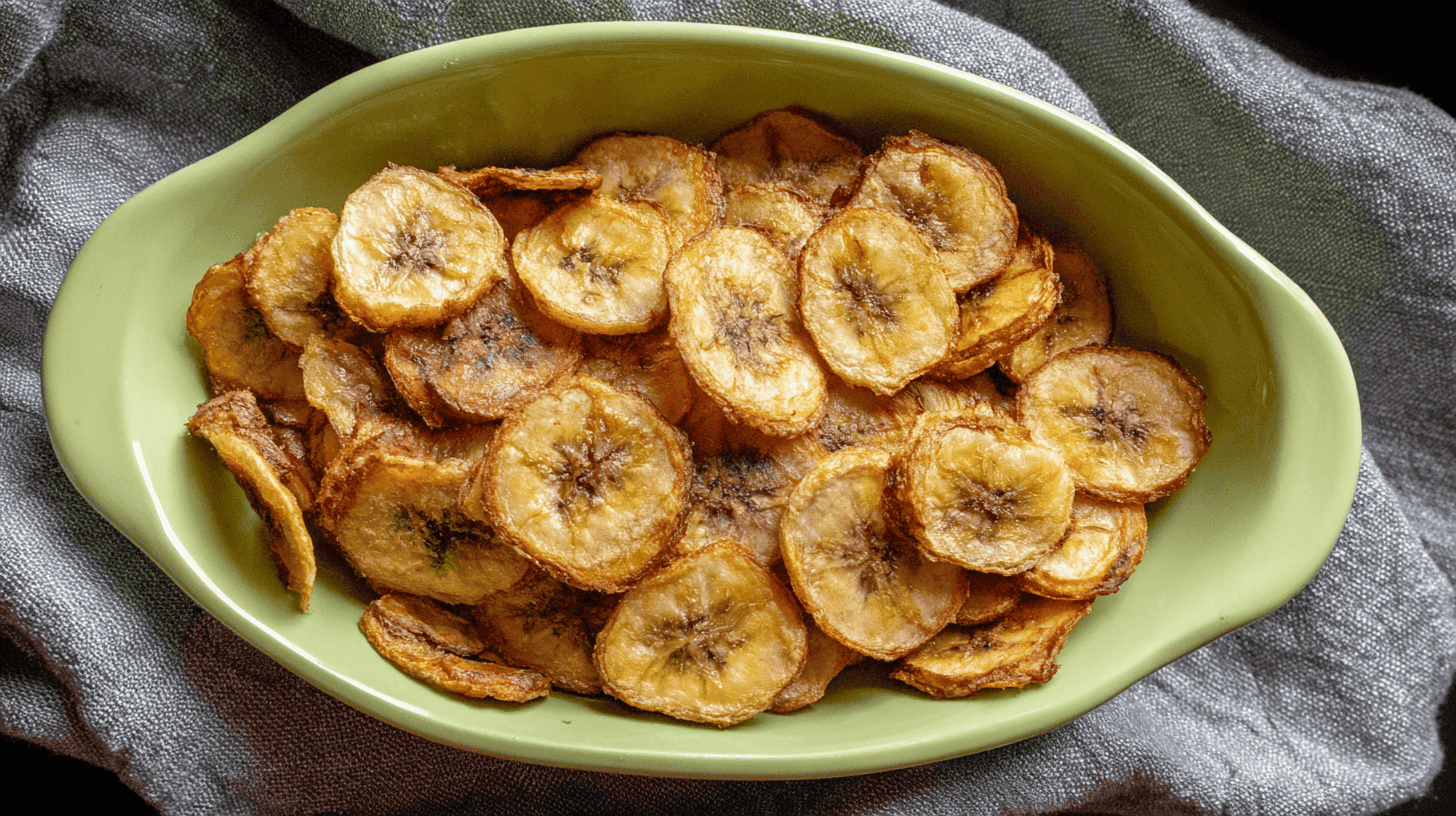 simple Air Fryer Cinnamon Banana Chips taken with an old camera, overhead close-up, crispy golden-brown banana chips, vibrant light green ceramic bowl, muted grey fabric background, soft natural overhead lighting, flat lay.