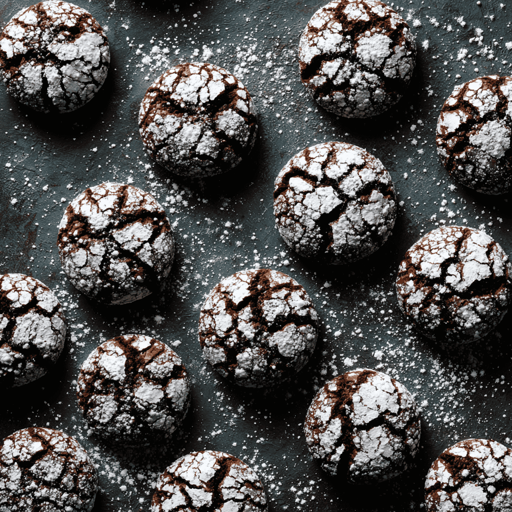 Overhead view of chocolate peppermint crinkle cookies coated in powdered sugar with crisp cracked tops.