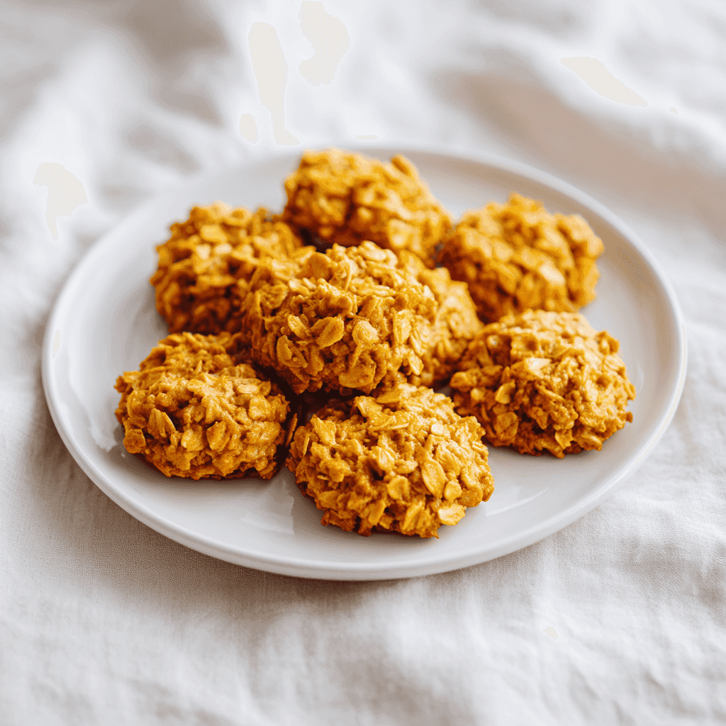 No bake pumpkin cookies served on a white plate with bright natural lighting and simple styling.