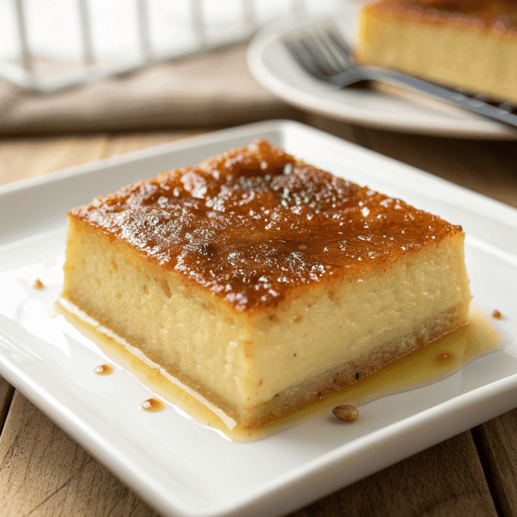 Cassava Cake Recipe for a Rich and Chewy Filipino Treat 2 Angled view of cassava cake showing its golden top and chewy dense interior.