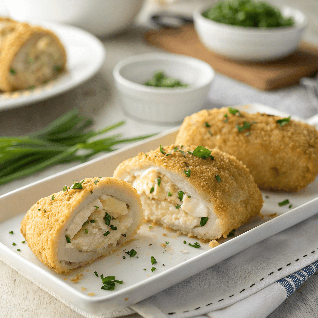 Angled 45-degree view of chicken pillows on a white plate revealing creamy shredded chicken filling.
