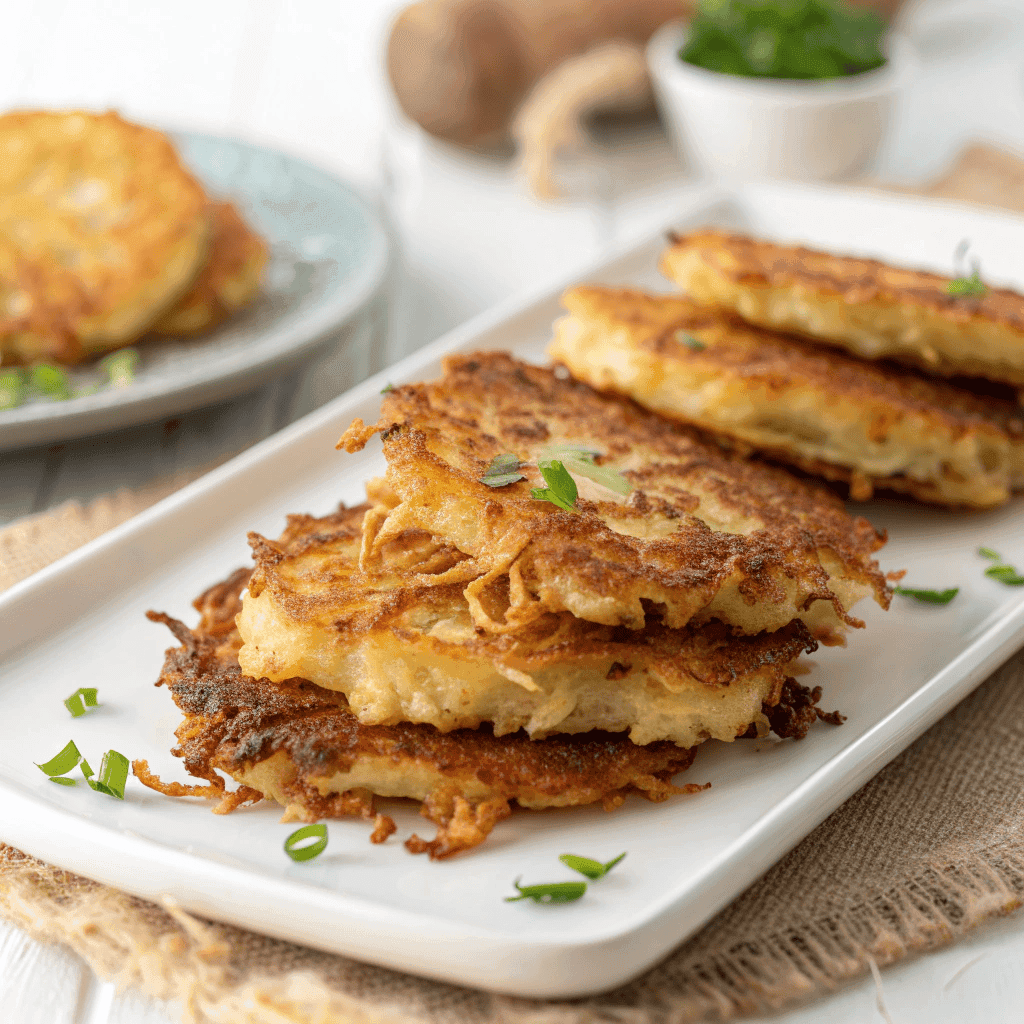 Crispy German Potato Pancakes (Kartoffelpuffer) 2 Angled 45-degree shot of German potato pancakes with crispy edges on a white plate.