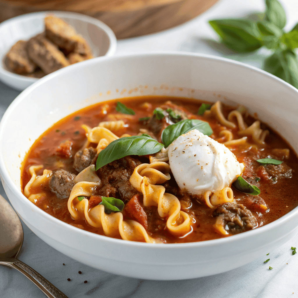 Hearty Lasagna Soup: The Ultimate Comfort Food 2 Angled 45-degree shot of lasagna soup in a white bowl with ricotta, beef, and noodles.
