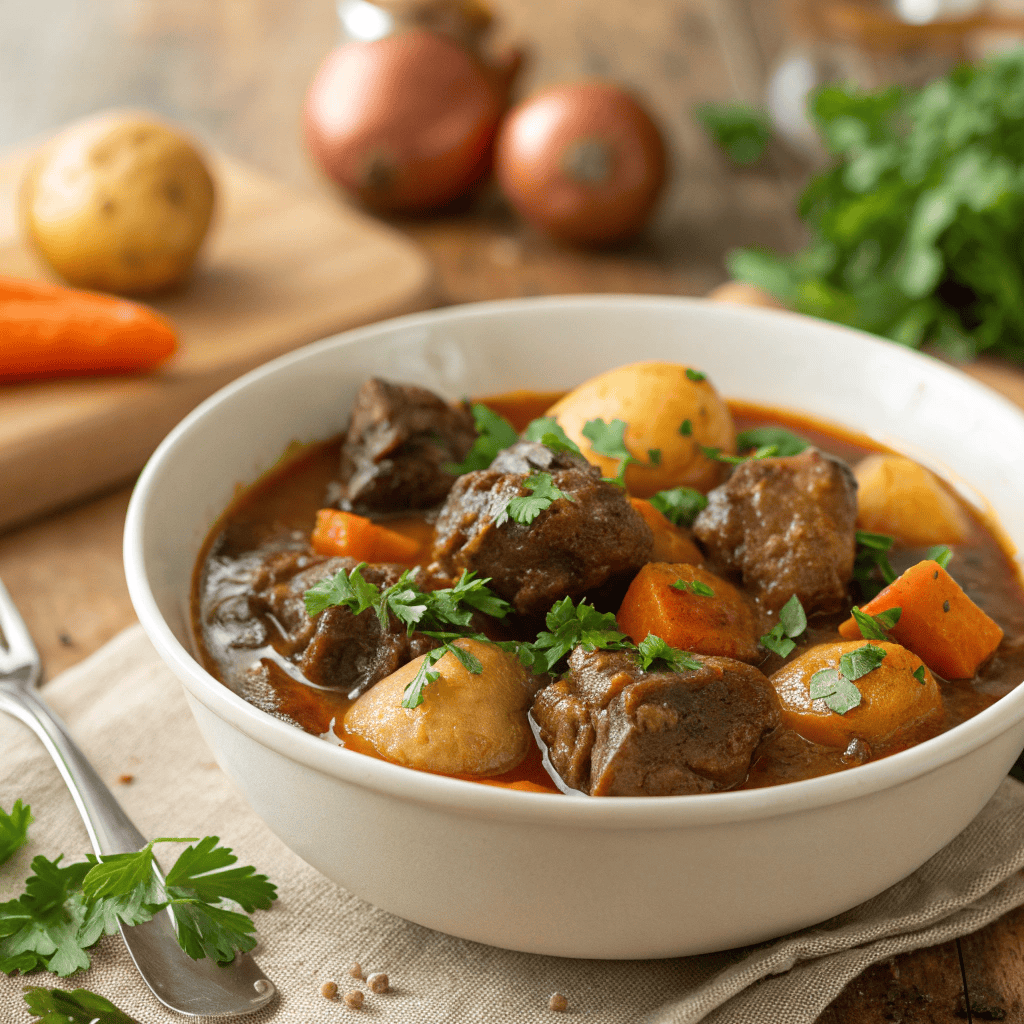 Oxtail Stew Recipe: Rich, Hearty & Fall-Off-the-Bone Tender 2 45-degree angled view of oxtail stew showing tender oxtails, vegetables, and rich broth.