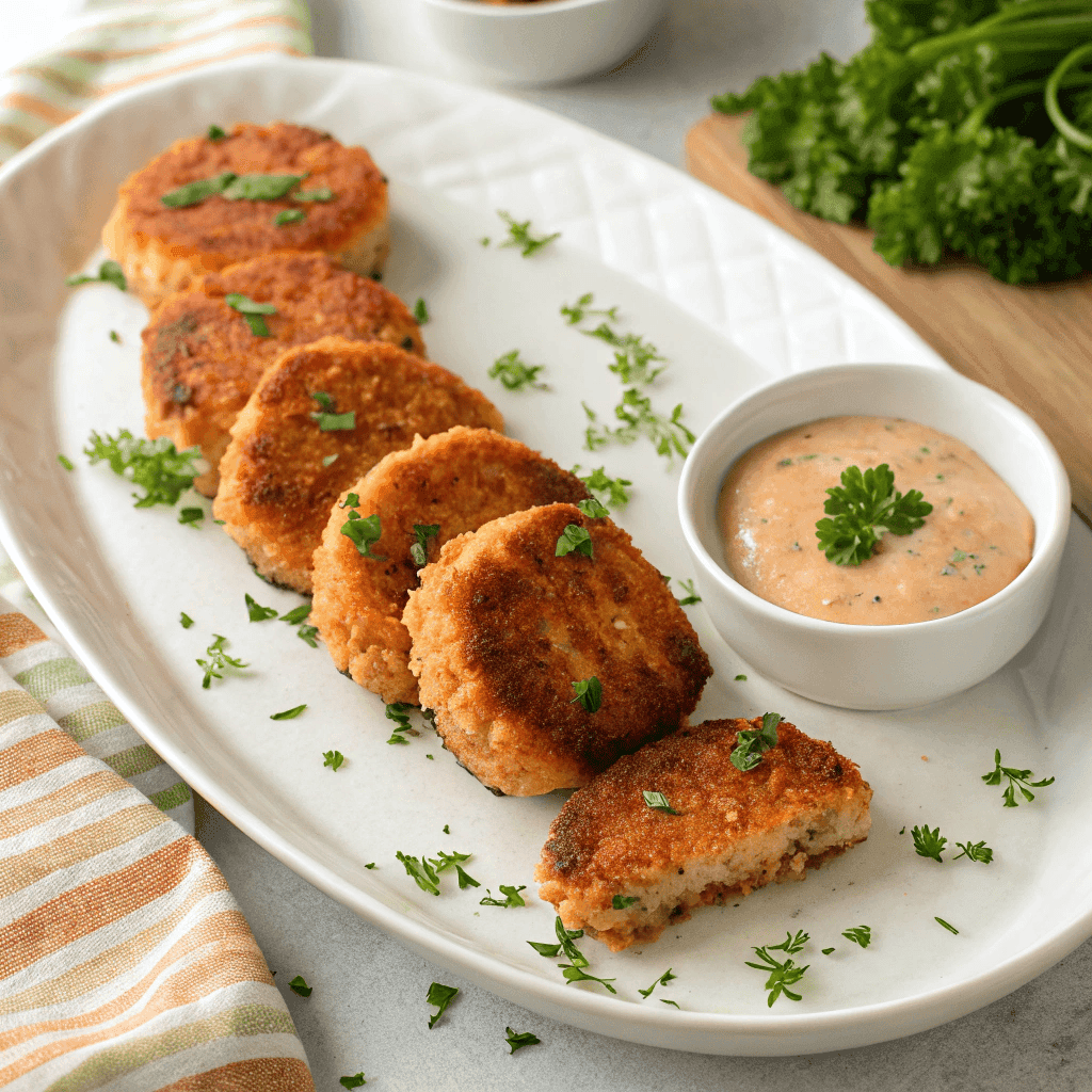 Angled 45-degree view of salmon patties on a white plate showing crispy seared texture.