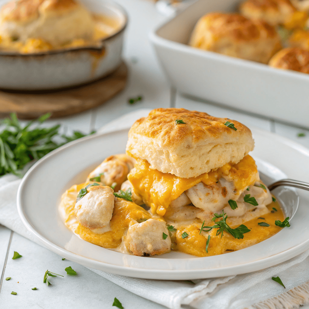 Creamy cheesy chicken bubble biscuit bake served neatly on a white plate with golden baked texture.
