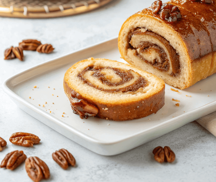 Pecan pie roll served on a white plate with caramelized pecans and golden swirls.