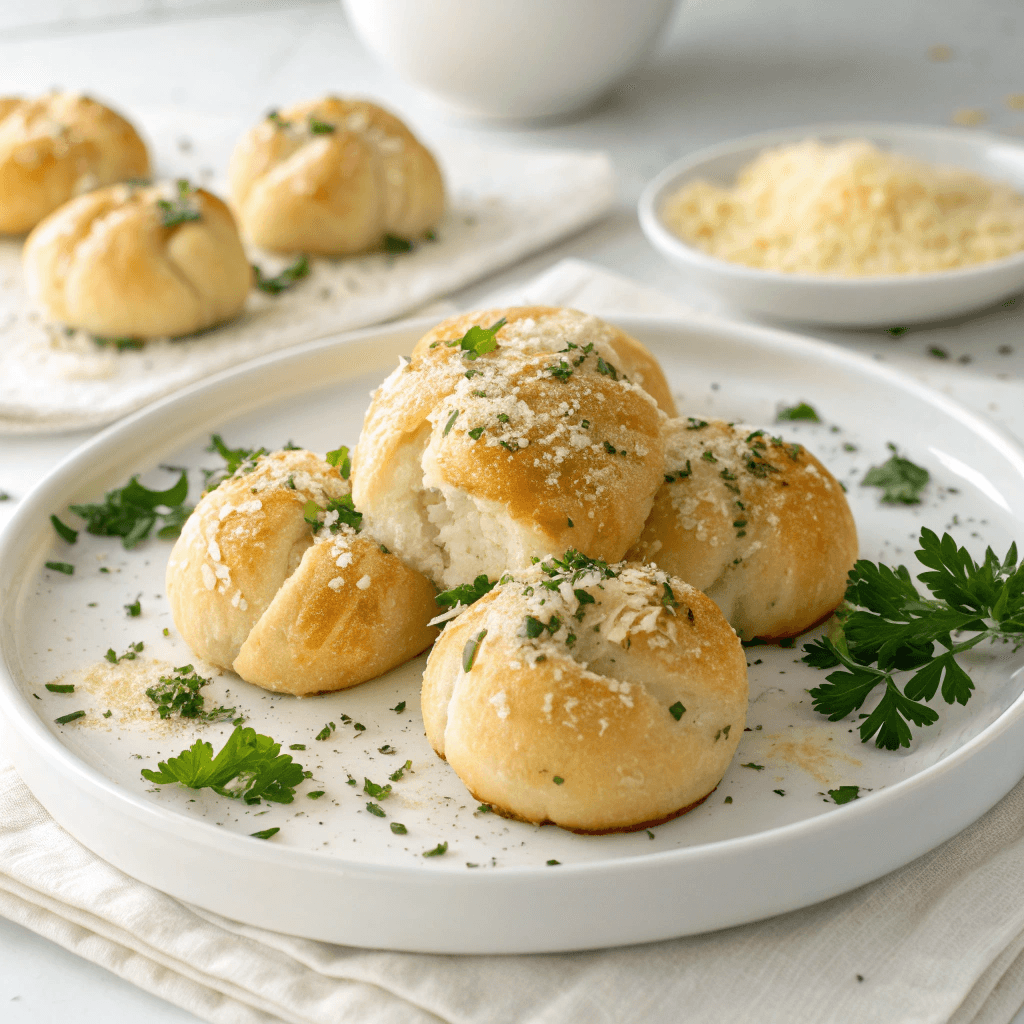 Easy Garlic Parmesan Knots Recipe - A Must Try Knots ! 1 Garlic parmesan knots on a white plate topped with butter, parmesan, and parsley.
