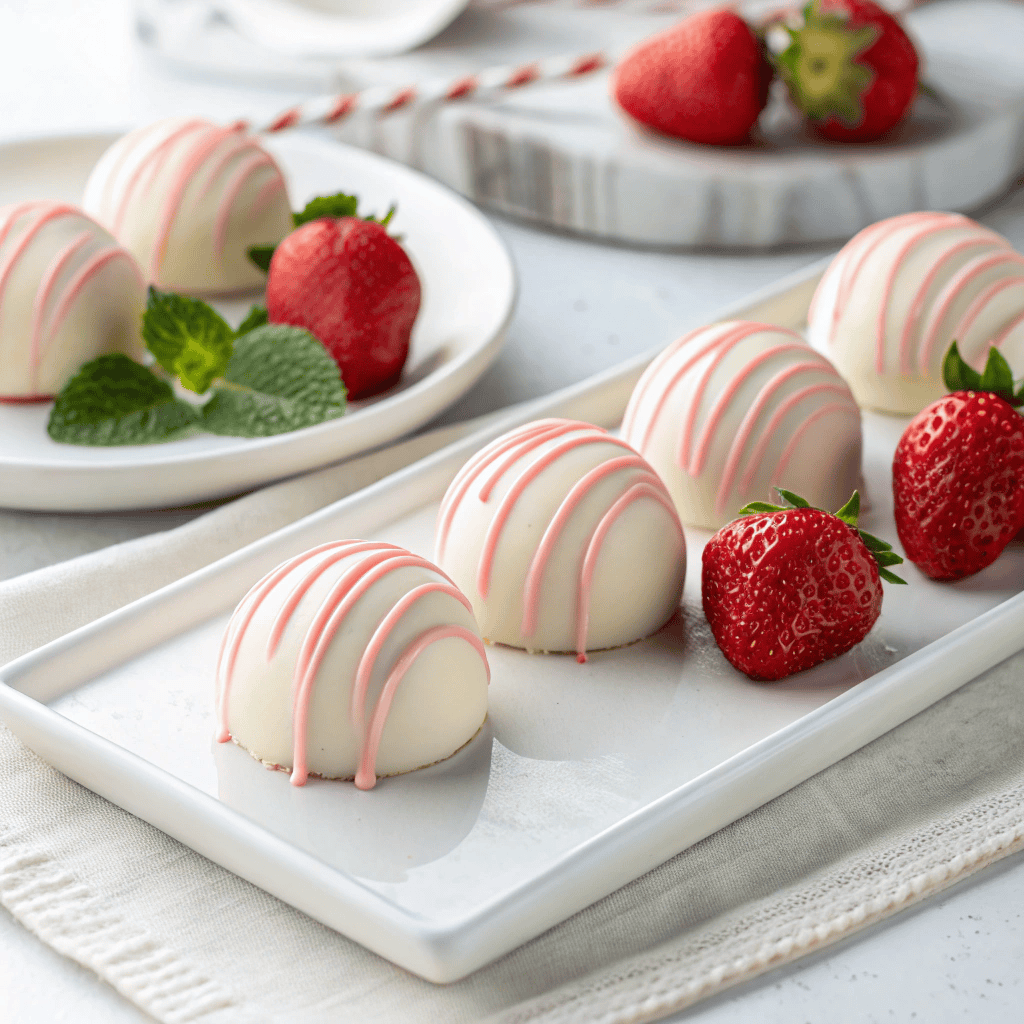 White chocolate–coated strawberry cheesecake truffles with pink drizzle arranged neatly on a white plate.