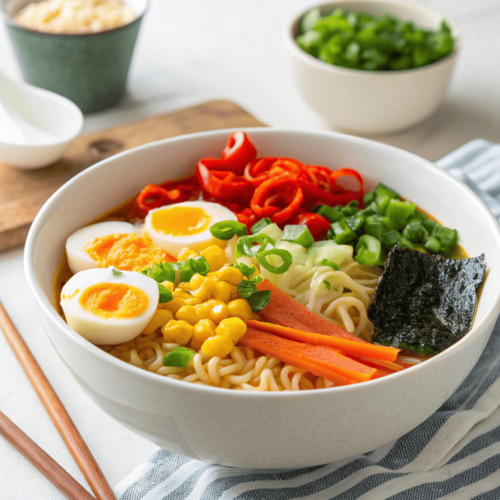 Homemade Ramen Bowl with Perfect Soft-Boiled Eggs 1 Clean presentation of a ramen bowl in a white bowl with soft-boiled eggs, noodles, and colorful toppings.