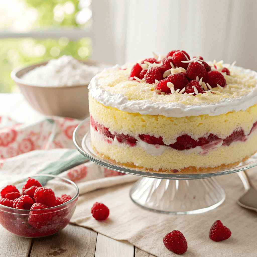 Top-side view of raspberry zinger cake layers topped with raspberries and coconut in a glass baking dish.