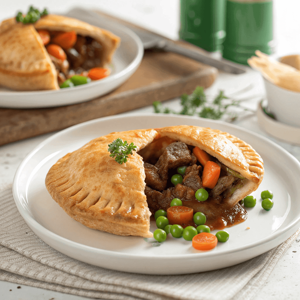 Beef hand pie on a white plate, opened to show its beef, carrot, and pea filling.