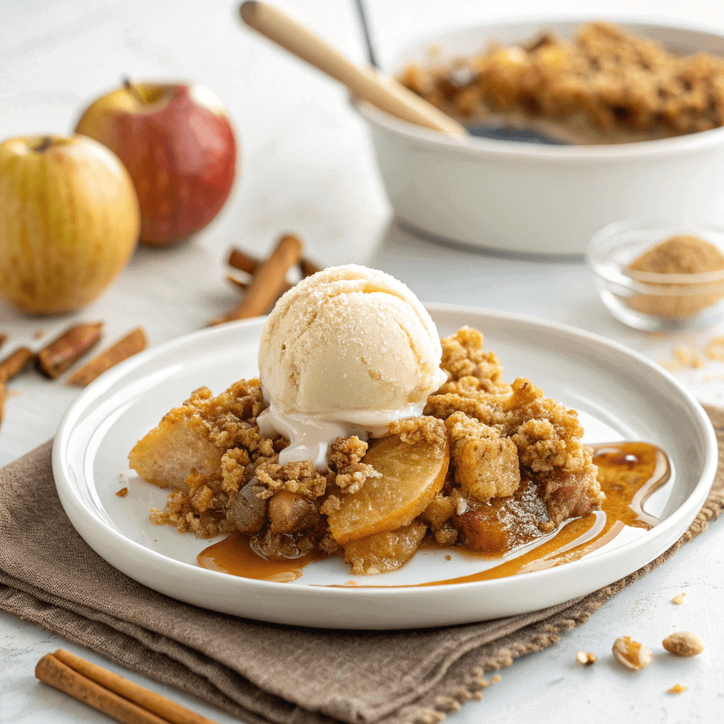 Plated caramel apple crisp with crunchy topping, vanilla ice cream, and caramel drizzle on a white plate.