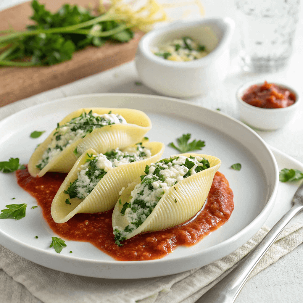 Ricotta and spinach stuffed shells served on a clean white plate with marinara sauce and fresh parsley.