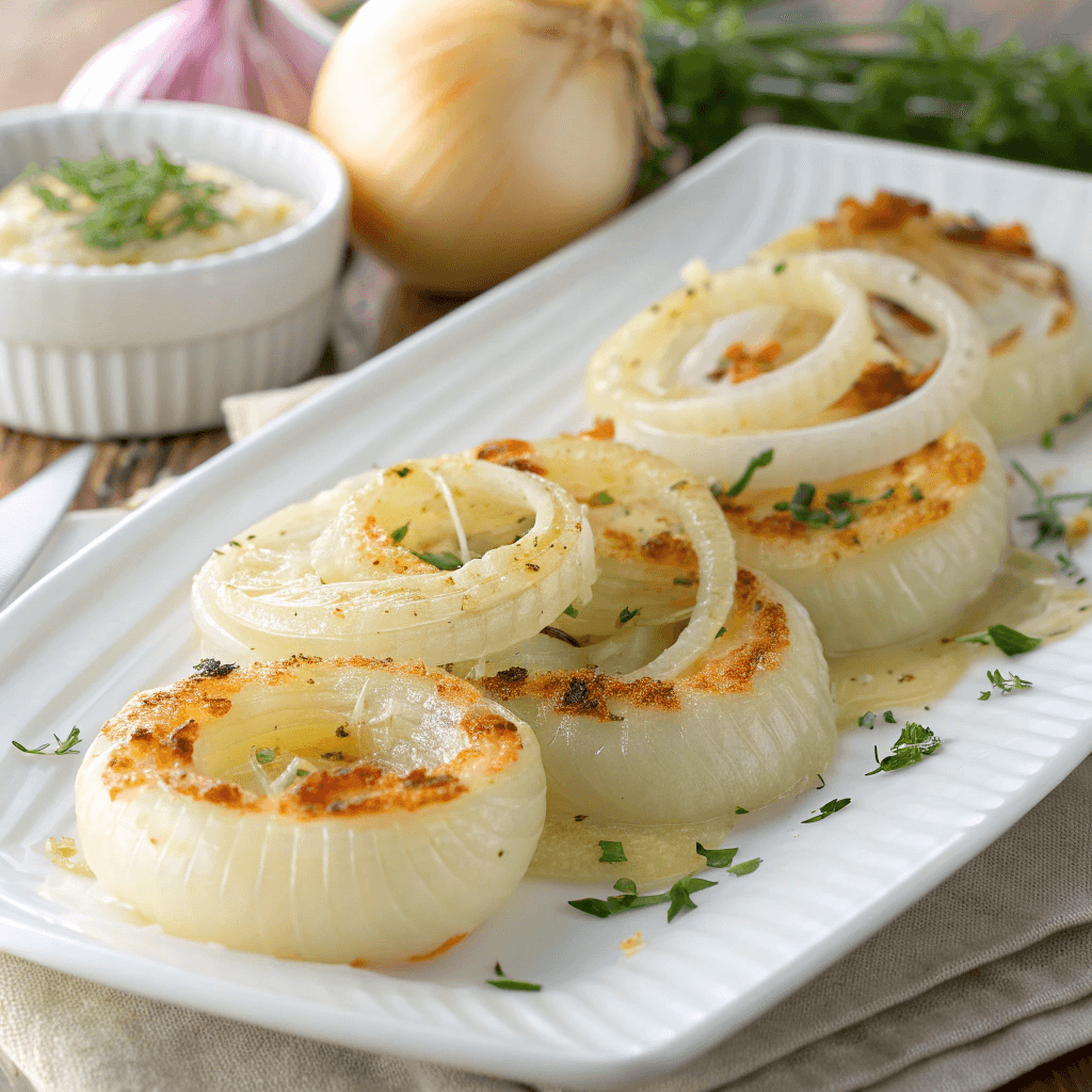 Easy Cheesy Tennessee Onions: A Southern Side Dish 1 Tender cheesy Tennessee Onions neatly served on a clean white plate with golden baked edges.