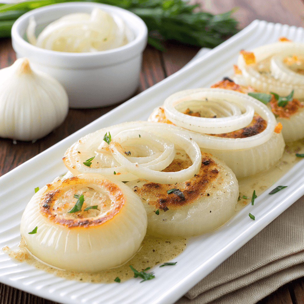 Easy Cheesy Tennessee Onions: A Southern Side Dish 2 Angled shot of Tennessee Onions served on a white plate showing glossy melted cheese and tender onion rings.