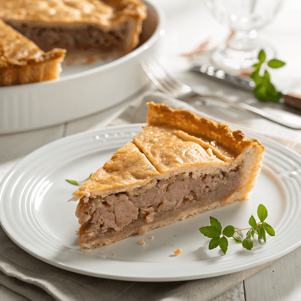 A slice of French Canadian meat pie on a white plate showing its flaky crust and moist meat filling.