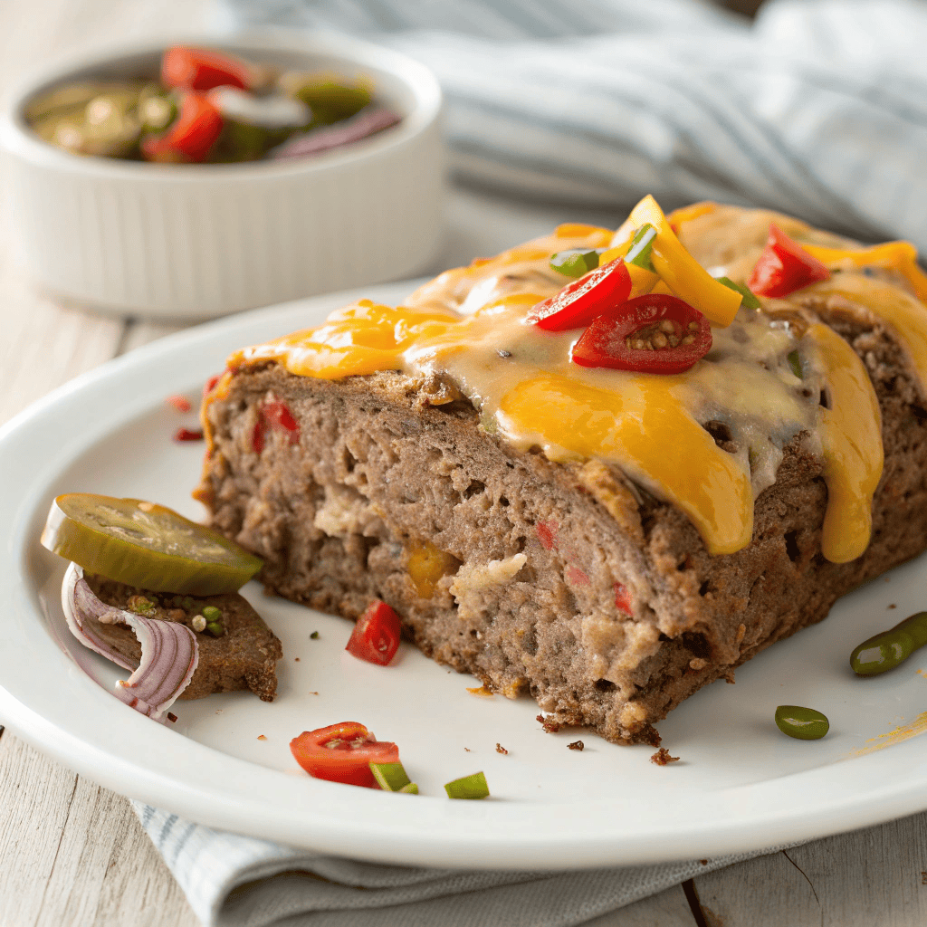 Philly Cheesesteak Meatloaf: A Hearty Family Favorite 1 A slice of cheesy Philly cheesesteak meatloaf on a white plate showing its juicy interior and melted cheese topping.