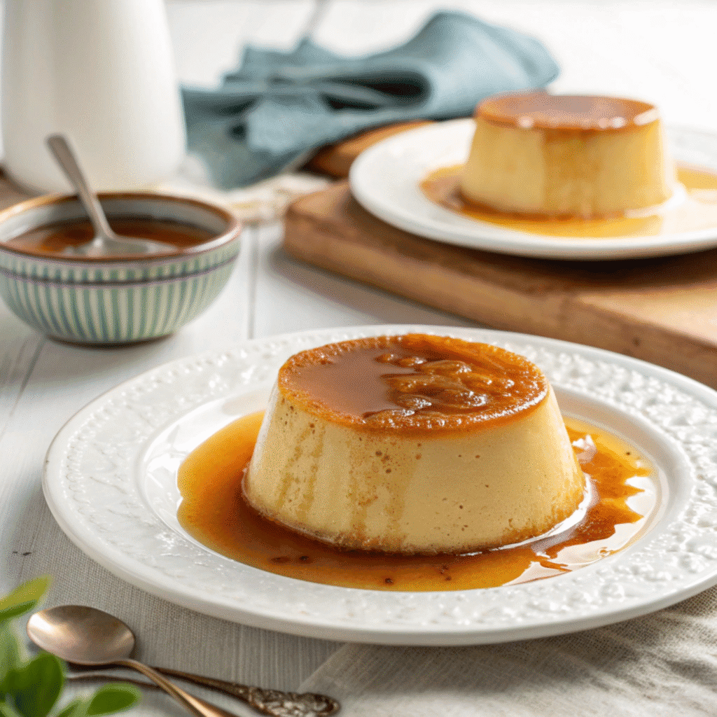 Smooth Brazilian flan served on a white plate with golden caramel sauce in a clean, minimal setting.