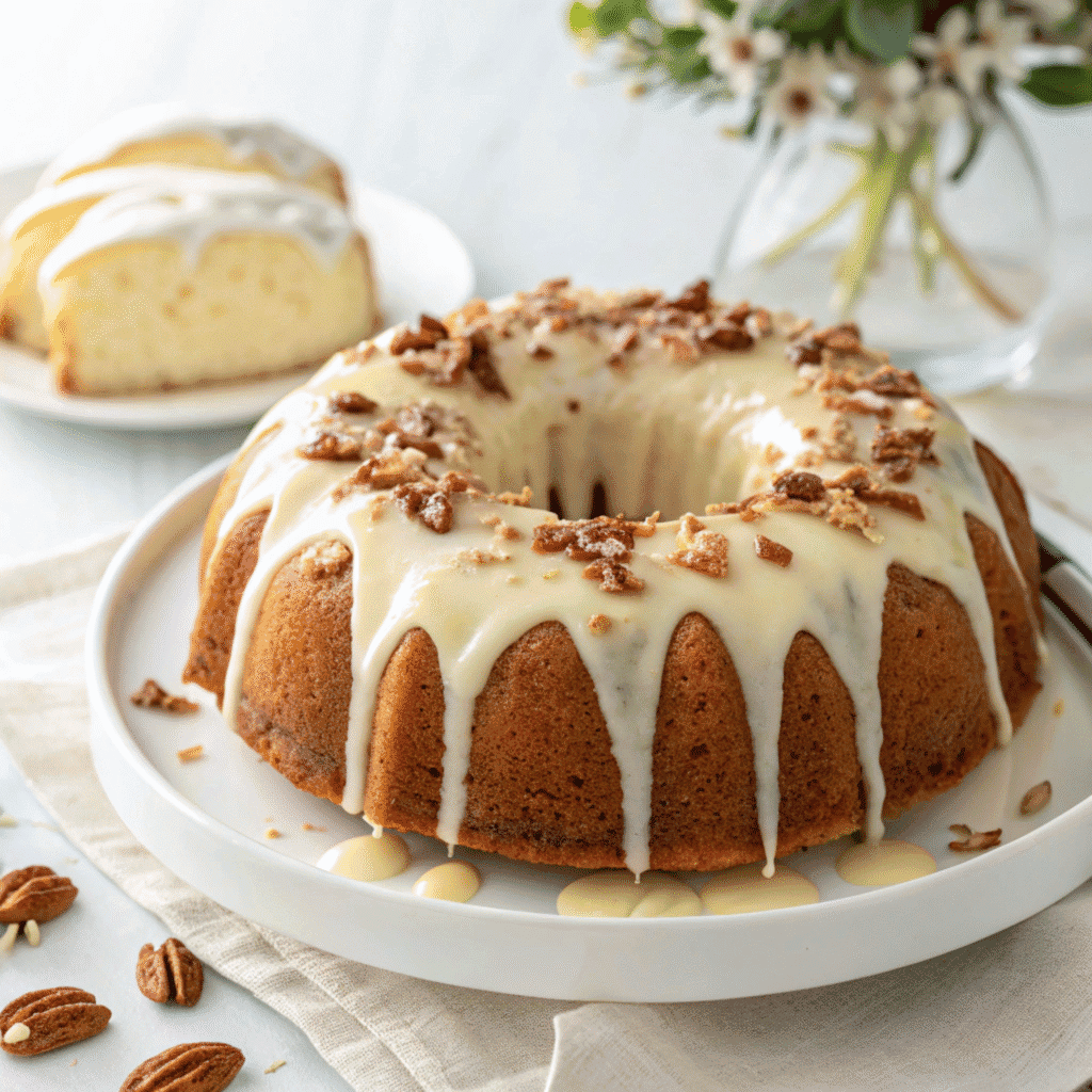 The Best Hummingbird Bundt Cake Recipe 2 Hummingbird bundt cake on a white plate with cream cheese glaze and pecans in a clean, minimal setting.