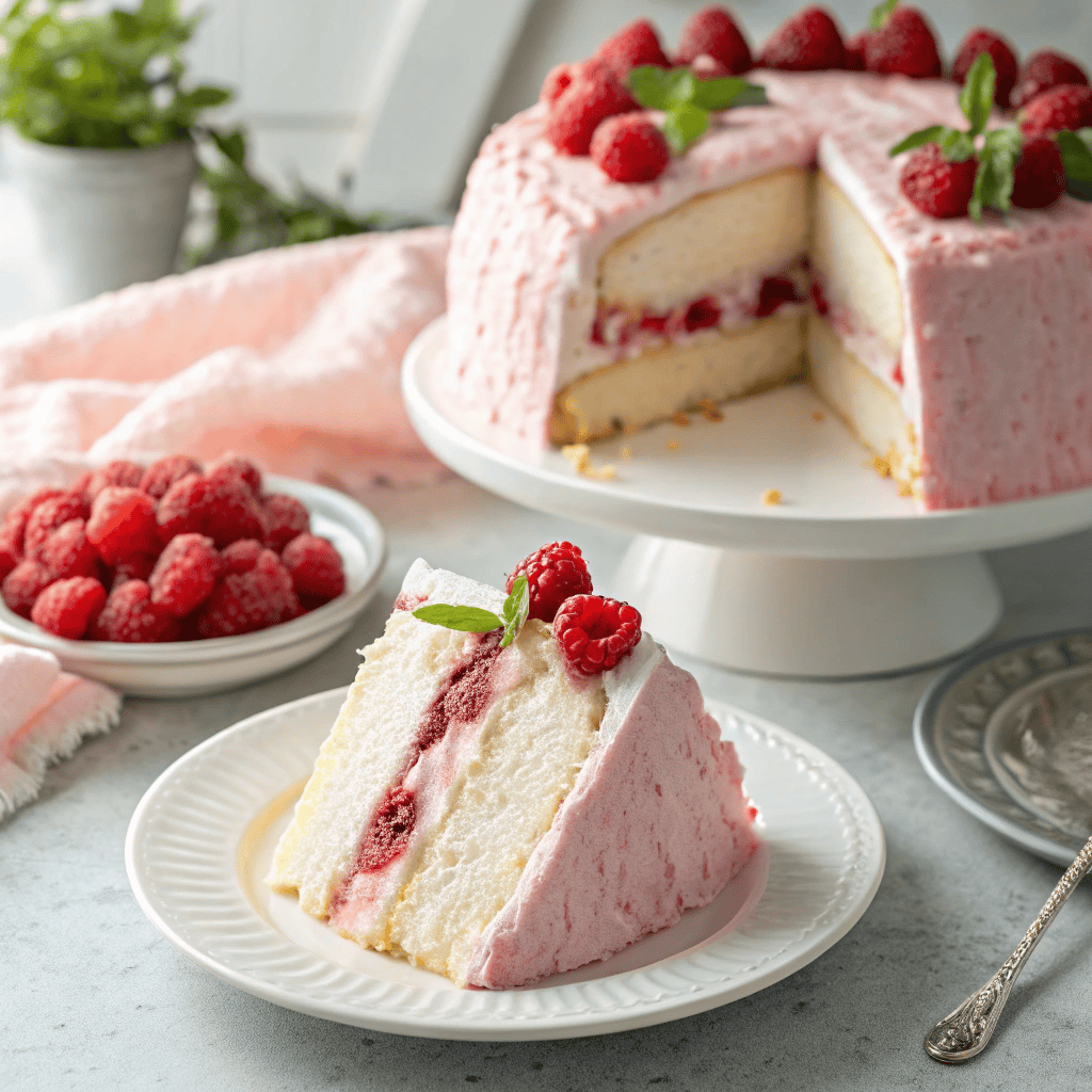 A slice of raspberry angel cake with pink frosting and raspberries served on a white plate.