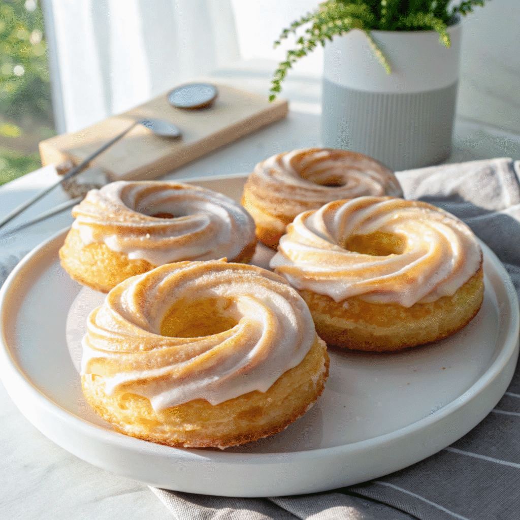 Golden glazed French crullers arranged neatly on a white plate in a clean, minimal presentation.