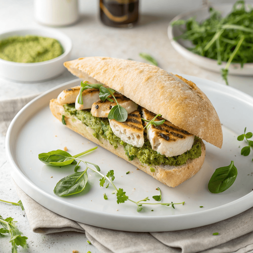 Chicken pesto sandwich on a white plate with ciabatta bread, grilled chicken, pesto, and microgreens.