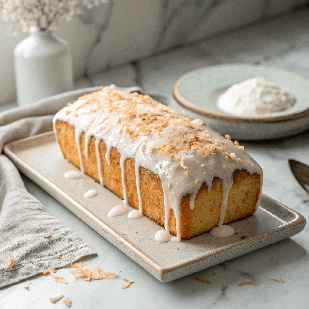 Coconut loaf cake topped with coconut glaze on a ceramic plate.