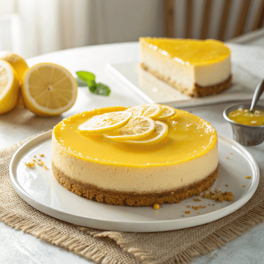 Smooth lemon curd cheesecake on a white plate with neatly arranged lemon slices.