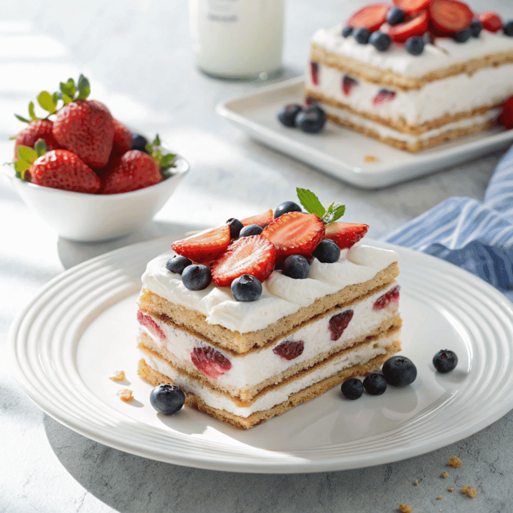 Neatly layered no-bake berry icebox cake on a white plate with fresh strawberries and blueberries.