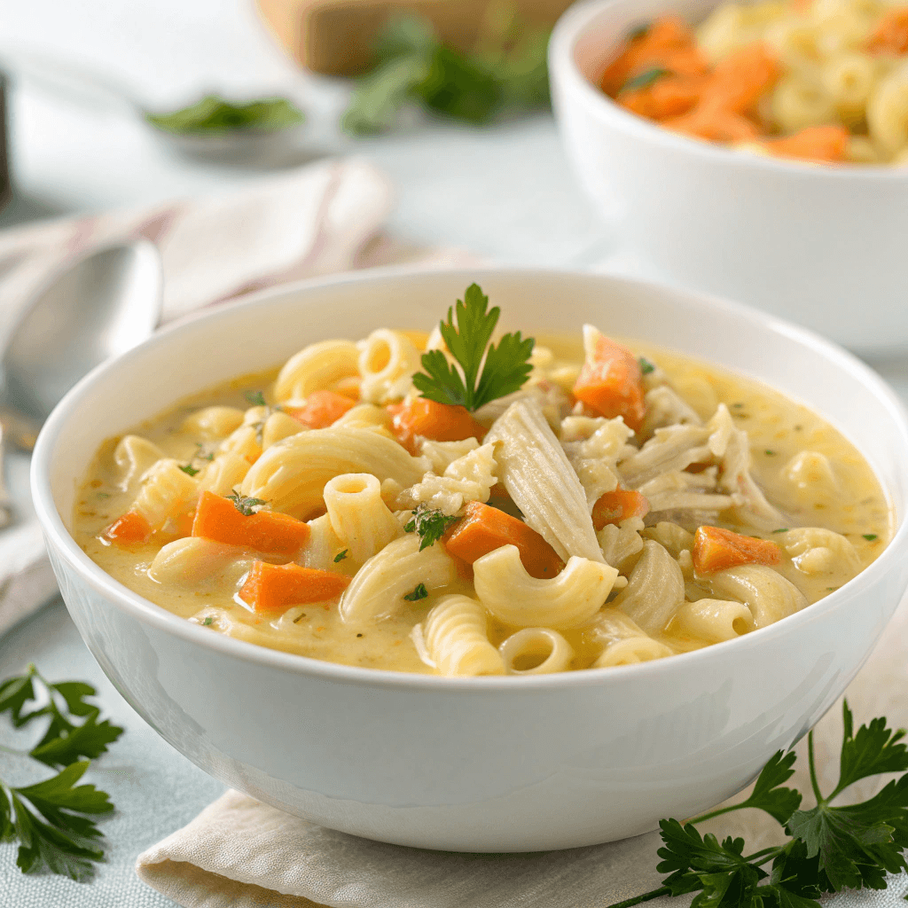 Creamy Macaroni Soup: The Ultimate Comfort Bowl 1 Creamy macaroni soup in a white bowl with carrots, chicken, and fresh parsley.