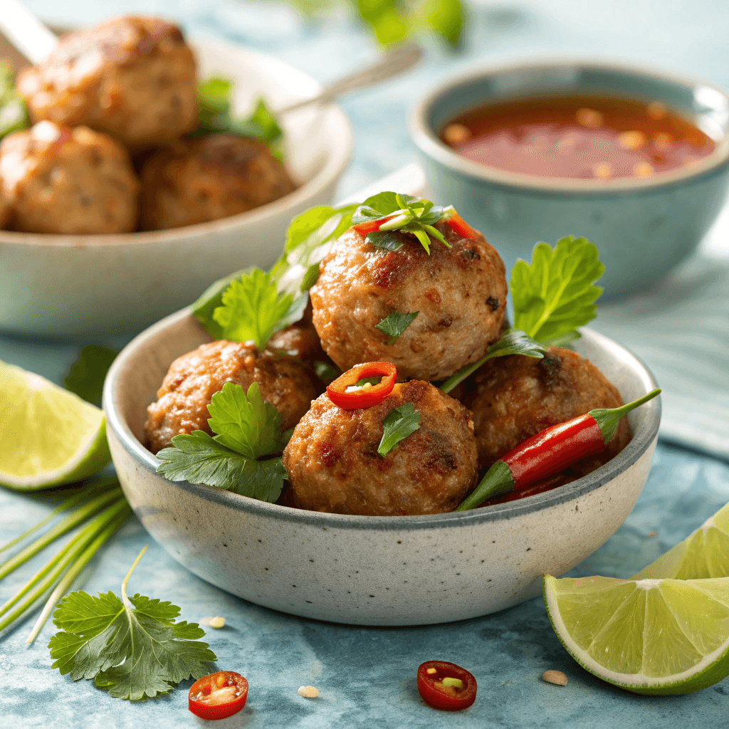 High-quality hero shot of Thai chicken meatballs with mint, chili, and lime styled in bright natural lighting.