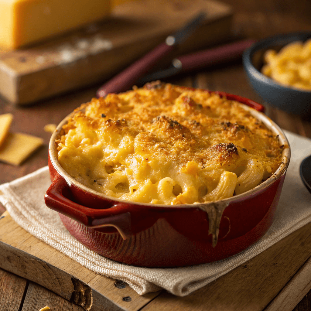 Classic Southern Baked Mac and Cheese Recipe 3 High-quality imaget of Southern baked mac and cheese with a golden bubbly cheese crust and creamy interior.