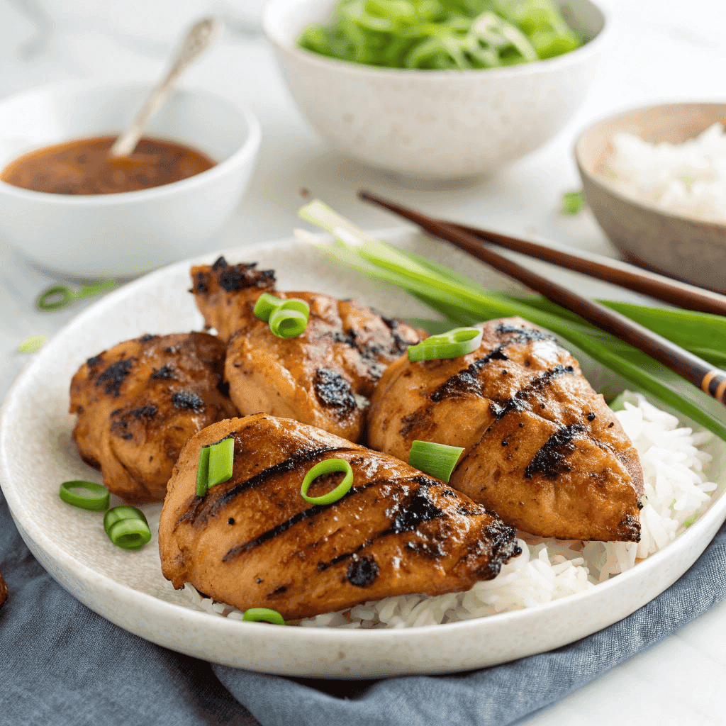 Authentic Grilled Vietnamese Chicken Recipe - A Must Try ! 3 High-quality hero shot of authentic grilled Vietnamese chicken topped with scallions in bright natural lighting.