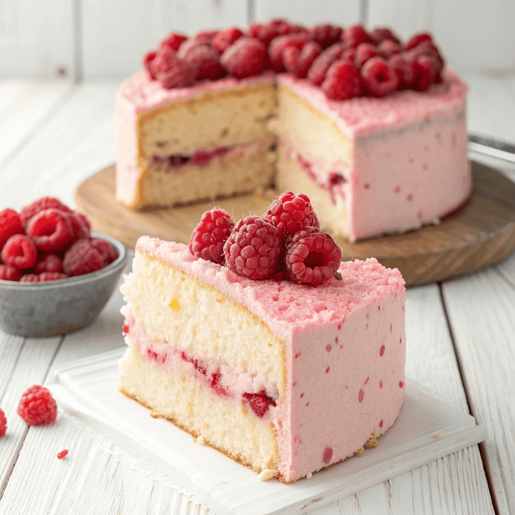 Close-up of a raspberry angel slice cake with pink frosting and fresh raspberries on top, with one slice removed.