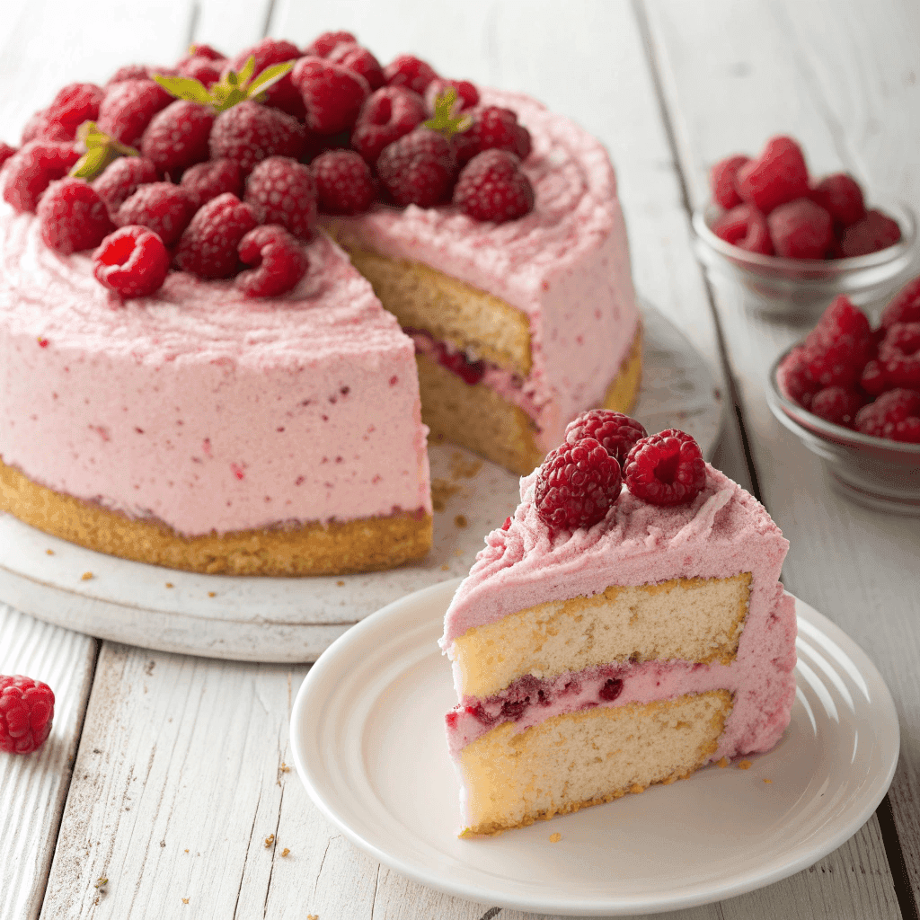 A slice of raspberry angel cake with pink frosting and raspberries served on a white plate.