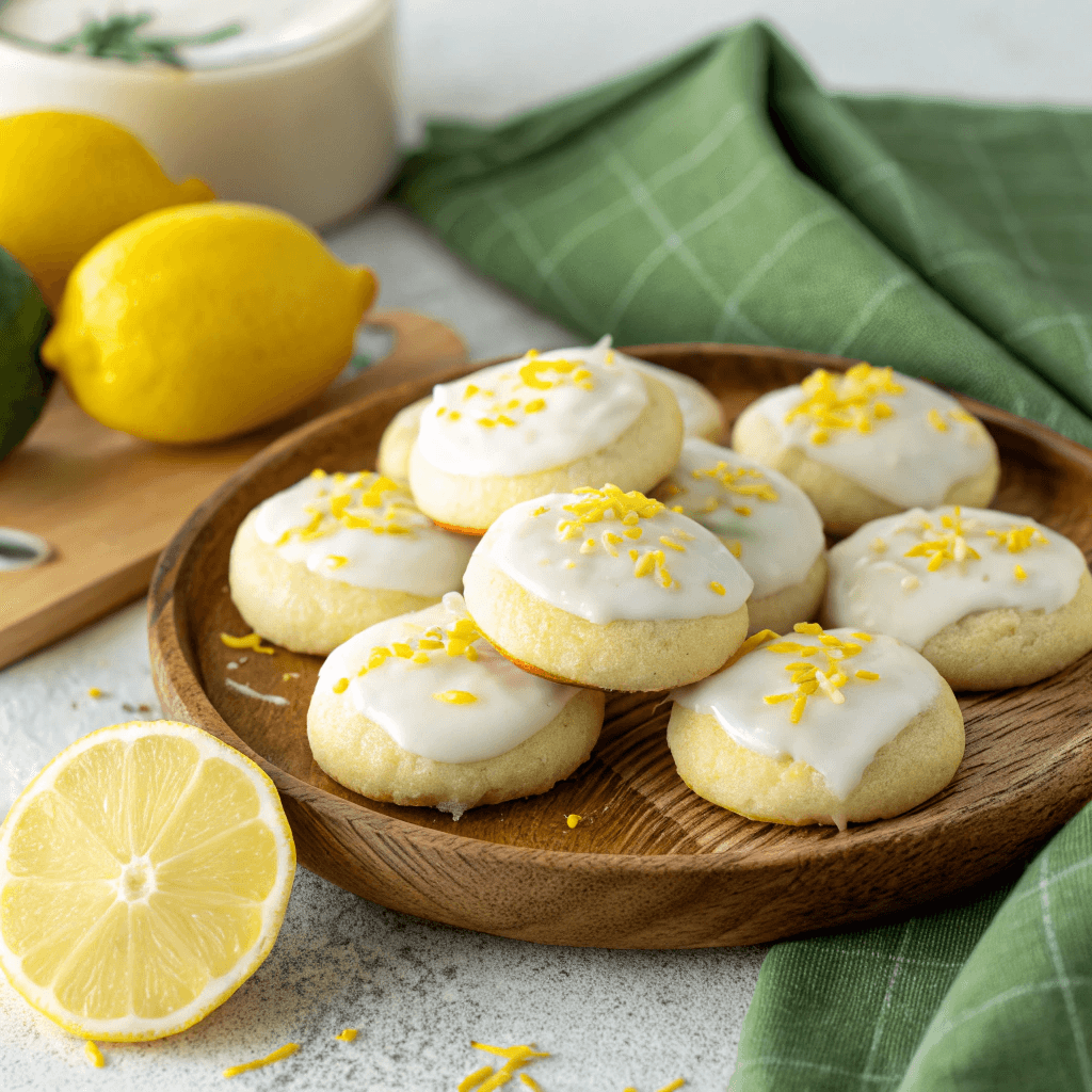 Close-up of lemon meltaway cookies with white icing and lemon zest on a wooden plate.