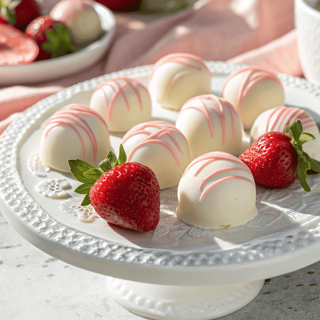 Close-up of white chocolate strawberry cheesecake truffles with pink drizzle on a white decorative plate.