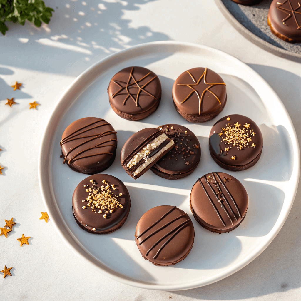 Easy Homemade Chocolate Covered Oreos 4 Top-down close-up of assorted chocolate covered Oreos with sprinkles, drizzle, and a cut Oreo showing the cream filling on a white plate.