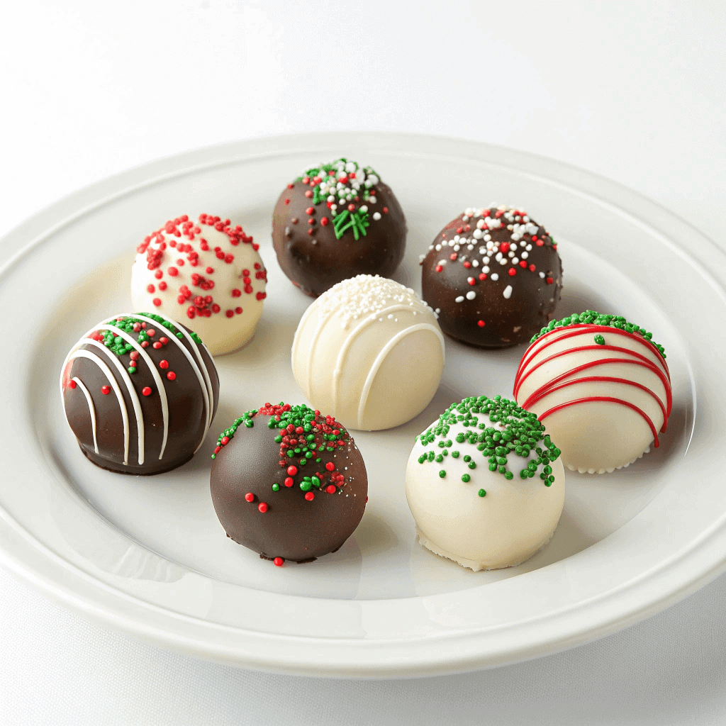 Decadent Christmas Truffles: Easy No-Bake Holiday Treat 2 Christmas truffles in assorted chocolate coatings with holiday sprinkles arranged neatly on a white plate.
