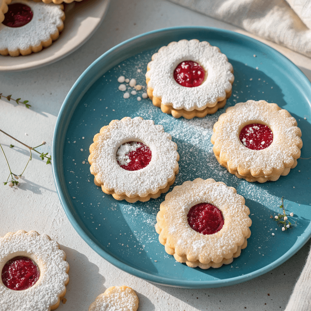 Top-down view of powdered sugar–dusted Linzer cookies with raspberry jam centers arranged on a blue ceramic plate.