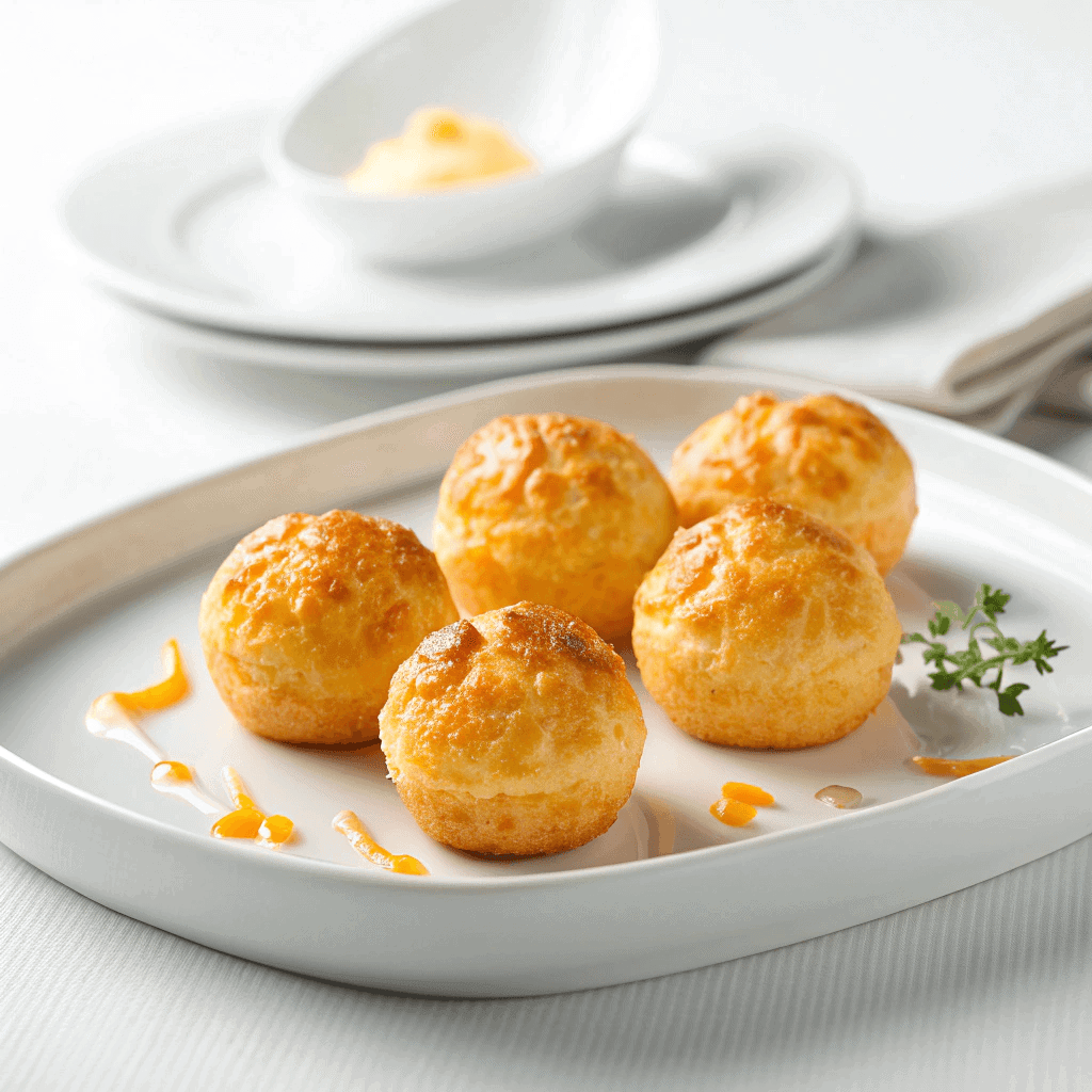 Ultimate Cheese Puffs Recipe (Gougères) 1 Crispy golden cheese puffs served on a clean white plate in bright natural lighting.