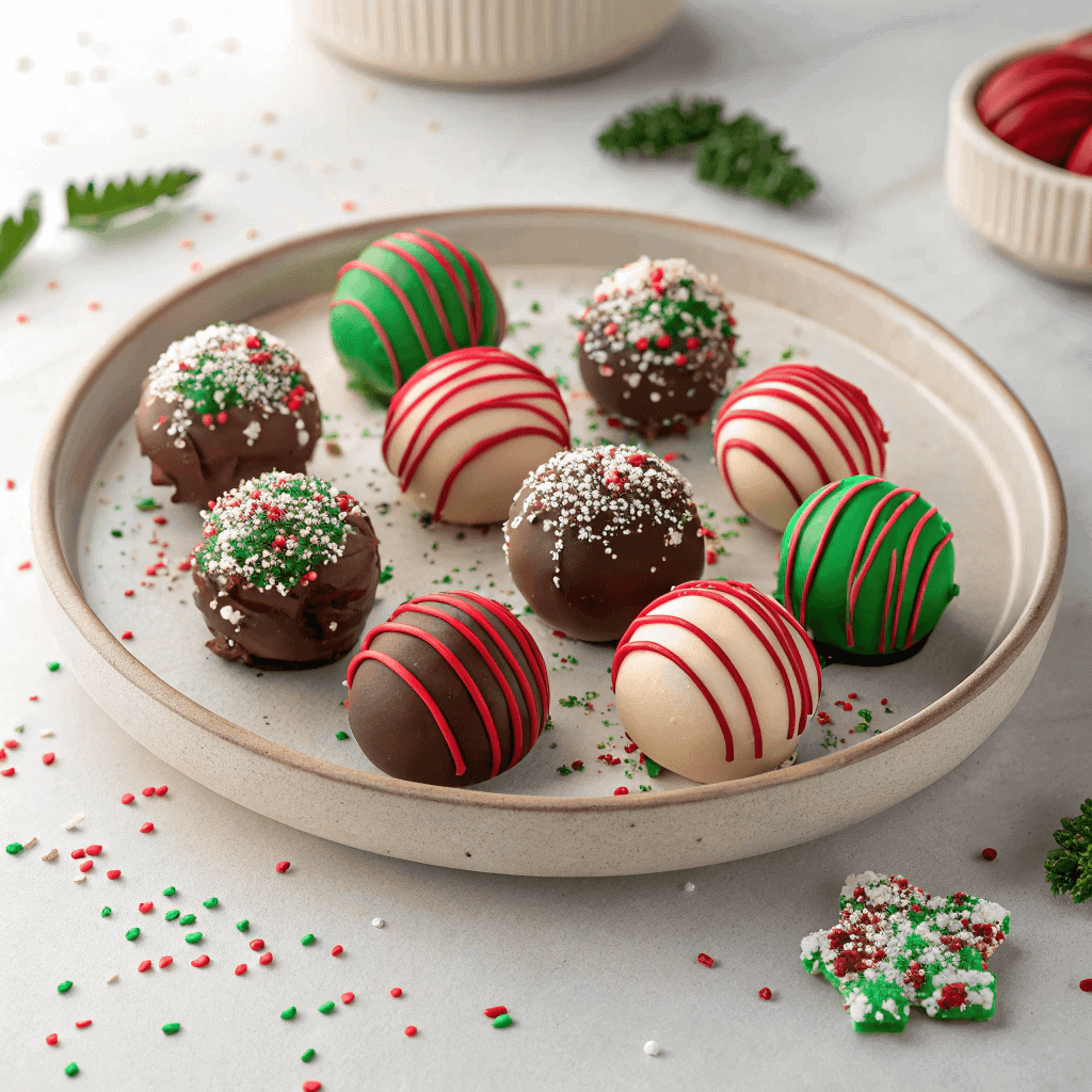 Decadent Christmas Truffles: Easy No-Bake Holiday Treat 1 Close-up overhead shot of Christmas truffles coated in chocolate and decorated with festive sprinkles and drizzle.