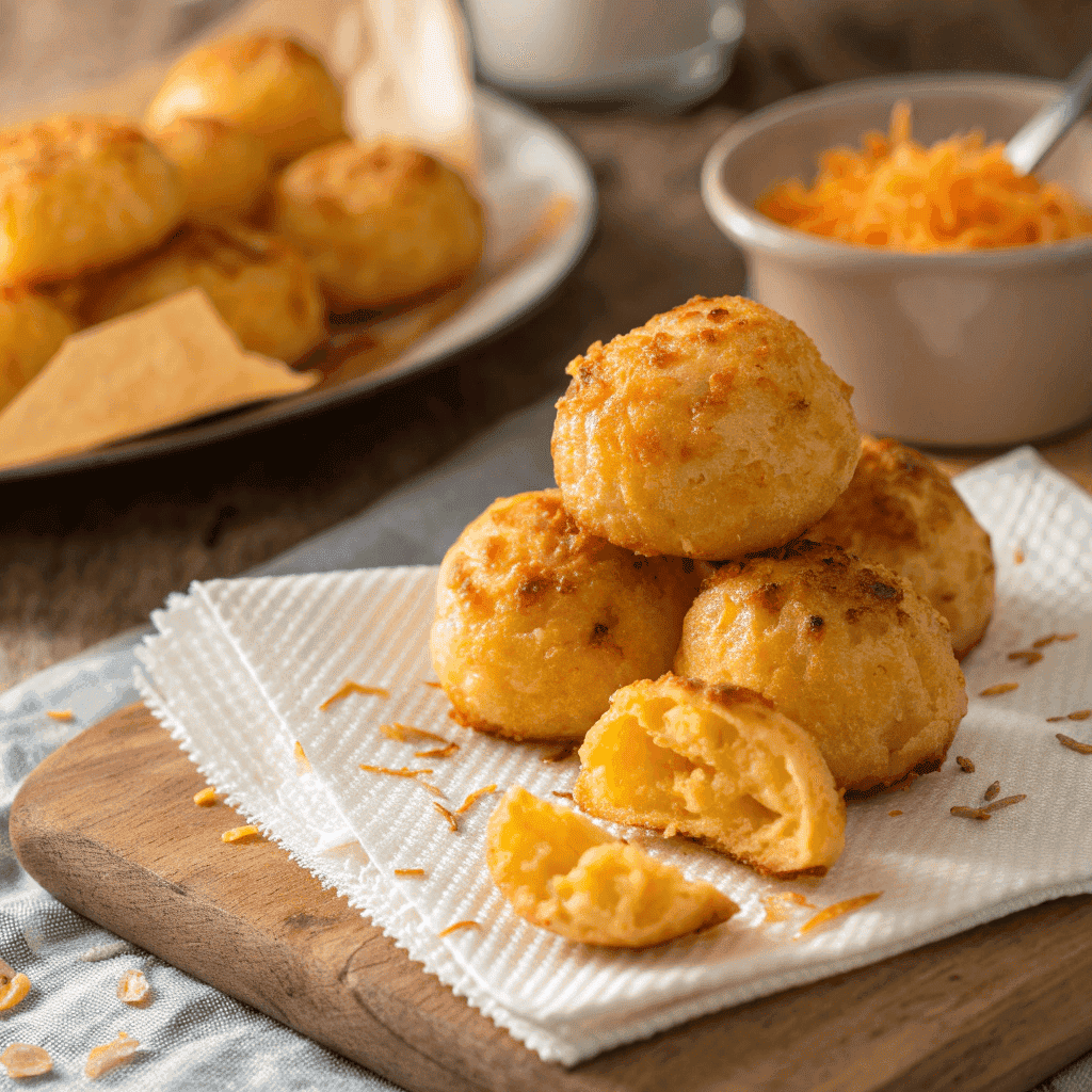Ultimate Cheese Puffs Recipe (Gougères) 2 Golden homemade cheese puffs stacked on a plate with a crispy, cheesy texture.
