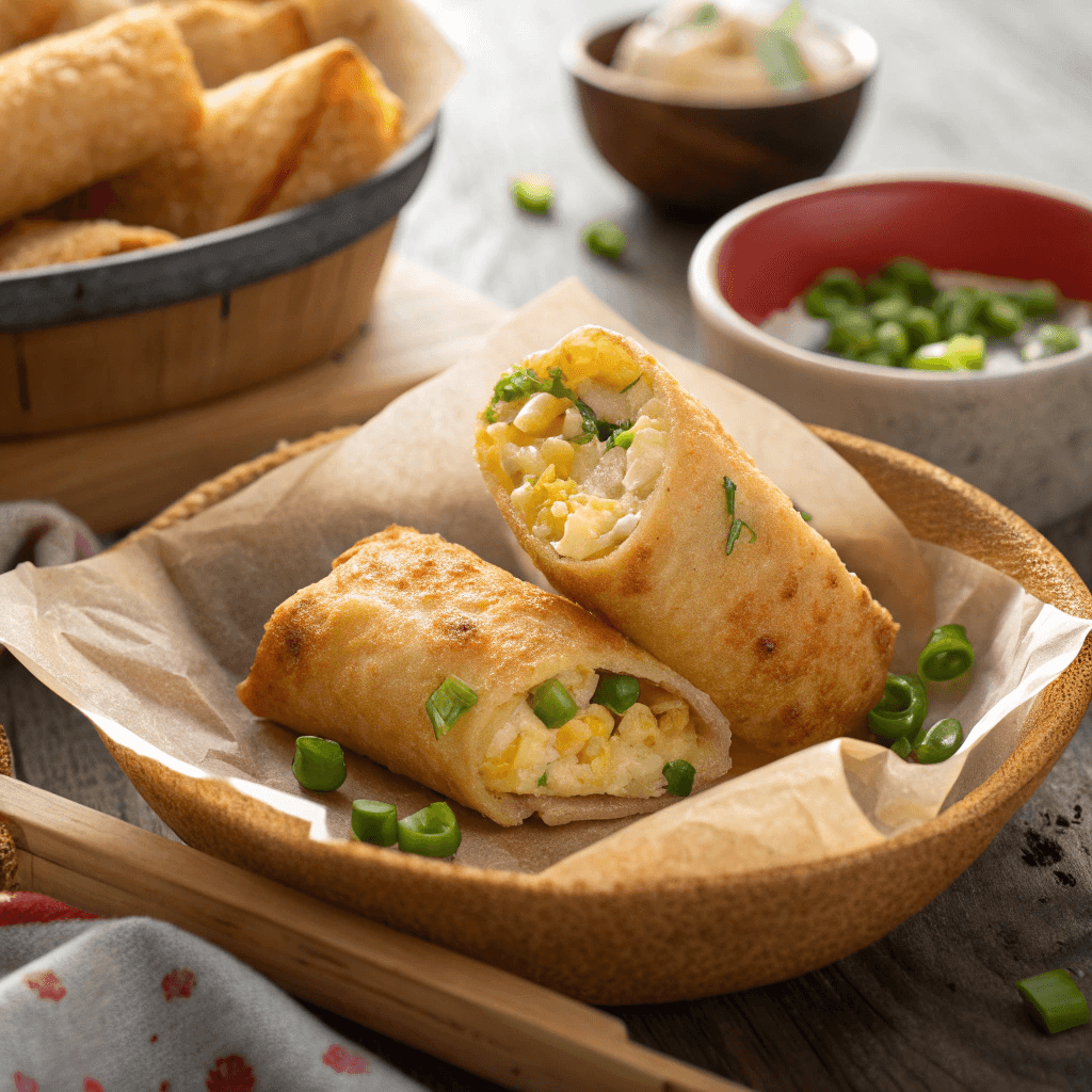 Golden mini jalapeño popper egg rolls in a parchment-lined bowl with green onions and dipping sauce.