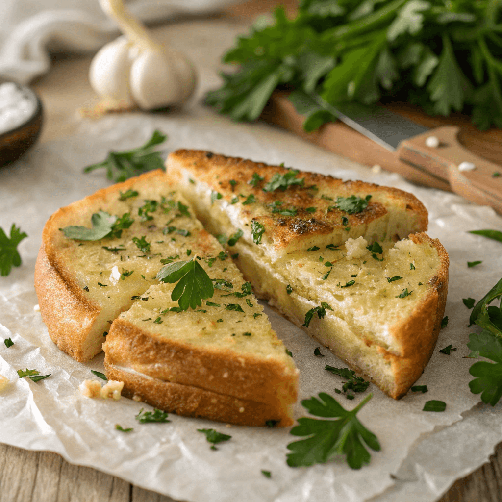 Delicious & Easy Chicken Garlic Sandwich Recipe 2 Golden garlic sandwich with melted cheese on parchment paper, topped with herbs and garlic.